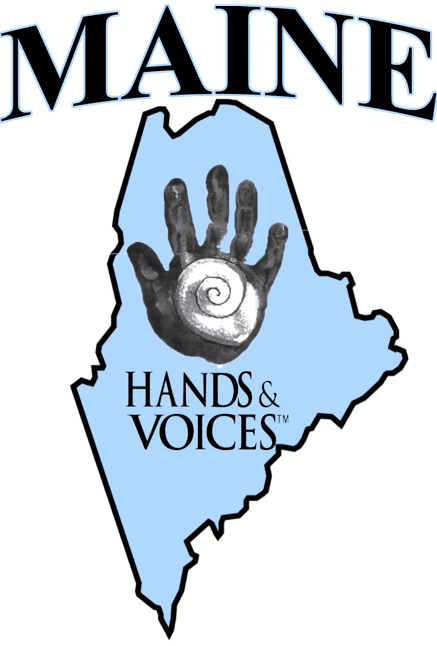 Maine Hands & Voices Logo, an image of the state of Maine with a hand print in the center and the words 'Maine Hands & Voices' inscribed.