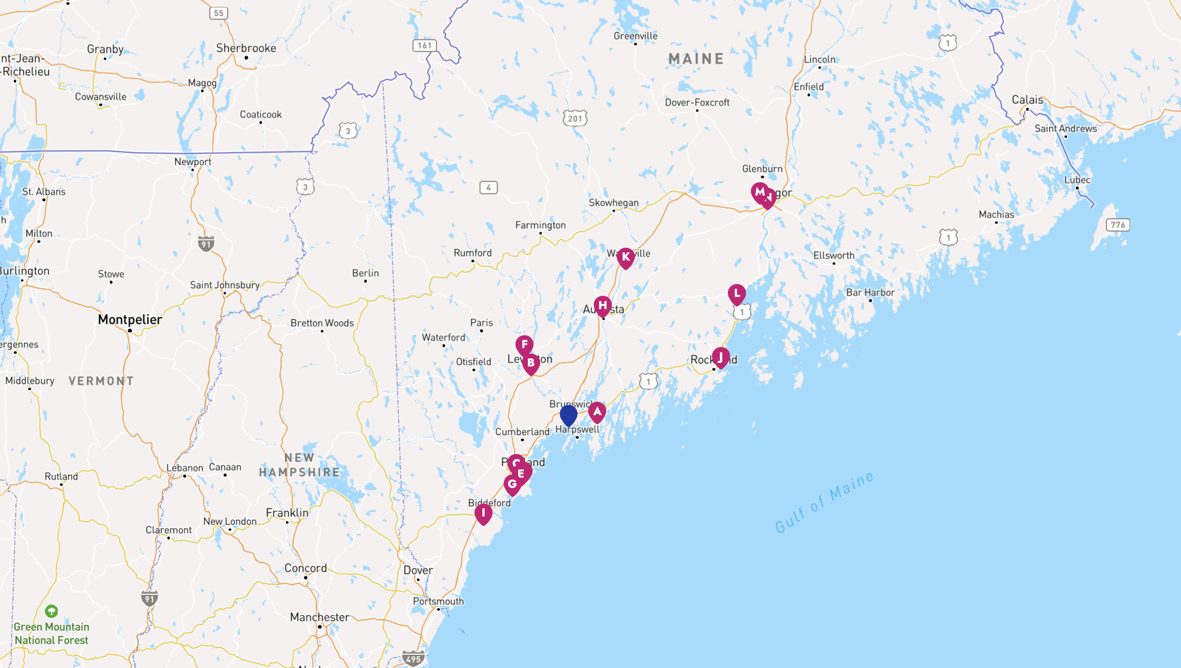 Image of the state of Maine with pins representing audiology facility locations